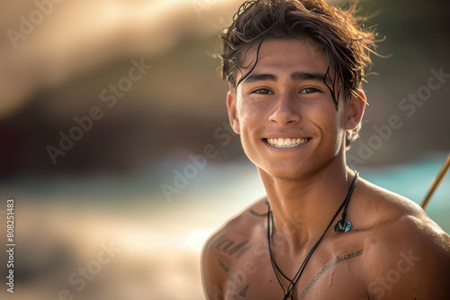 Portrait of a handsome native hawaiian young man having fun and relaxing on the beach. Summer vacation concept