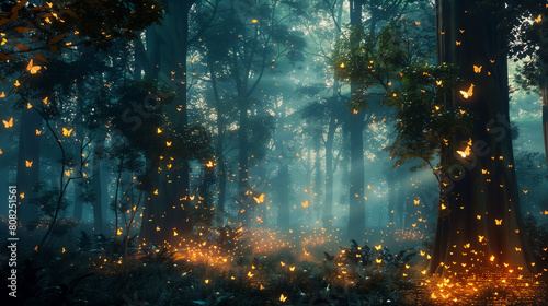 A fantastic forest with burning trees and twinkling fireflies 