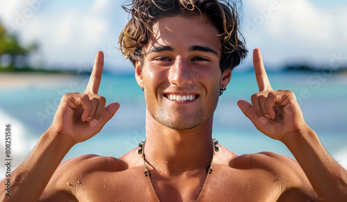Portrait of a handsome young man having fun and relaxing in a Hawaii Beach . Summer vacation concept