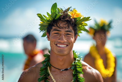 Portrait of a handsome native hawaiian young man with traditional haku lei having fun and relaxing on the beach. Summer vacation concept