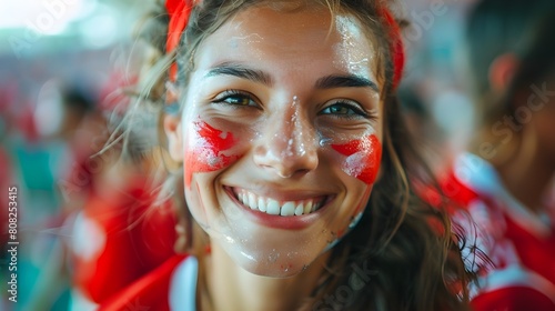 Enthusiastic Female Georgia Fan Celebrating National Pride at UEFA EURO 2024 Football Match with Face Painted in Georgia Flag Colors
