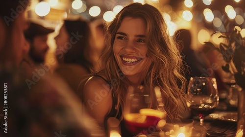 Radiant Smile of a Young Woman Enjoying a Festive Evening at a Restaurant