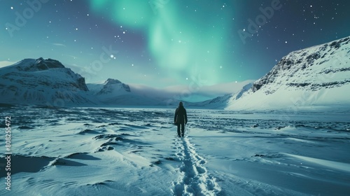 The picture of young or adult human that walking in the north pole or south pole and staring into the sky that fill with aurora and star in the night time yet the bright with aurora or star. AIGX03.
