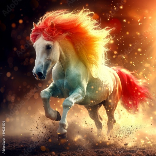 A majestic white horse with a flowing, rainbow-colored mane and tail, galloping through a field of golden wheat.