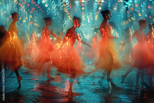 Vibrant image capturing the abstract movement and dynamic energy of dancers in a surreal light-blurred setting