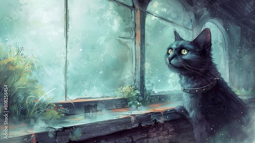 A black cat is sitting on a windowsill. The cat is looking outside the window. The window is covered in rain. The cat is alone.
