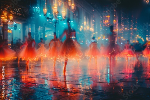 Dynamic, colorful light trails weave around twirling dancers on a street at night, creating a captivating long-exposure photograph