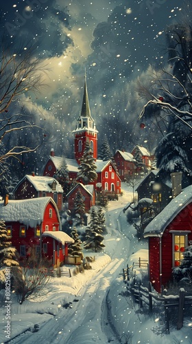 snowy night scene vibrant cartoon rich deep color houses stunning drawing chimney new hampshire random swedish forest view red coat header boston massachusetts