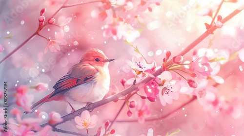 A bird sits on a branch covered with blooming pink flowers