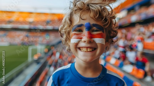 Joyful Boy Cheering for Netherlands in Soccer Stadium with Face Paint