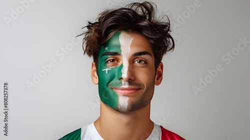 Joyful Italian Soccer Fan with Painted Flag Face Showing Spirited Support for National Team