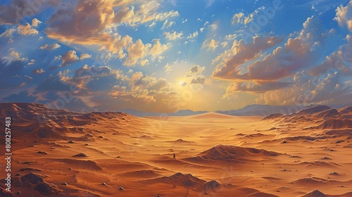 Lone Traveler Seeking Shade in Sun-Drenched Desert Mirage,Symbol of Heatstroke Prevention
