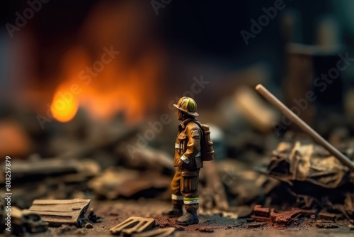 A toy fireman figurine stands in front of a blazing fire, ready to spring into action. The flames illuminate his uniform and gear