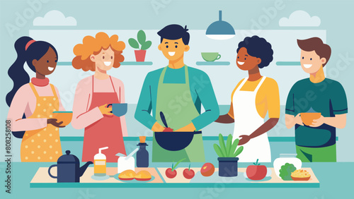 A group of friends participating in a cooking class led by a life skills coach where they learn basic kitchen and meal preparation skills.. Vector illustration