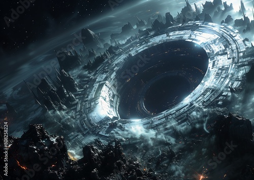 spaceship flying city space station huge hole still frame titan spiraling design ice gate cosmic destruction black circle