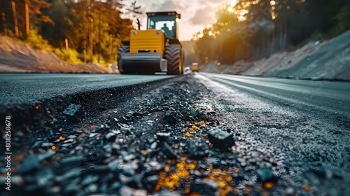 New Asphalt Road Being Laid at Highway Construction Site with Machinery in Sunset Landscape