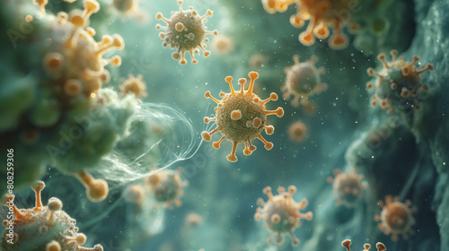 Ai illustration viruses causing infectious diseases, decreased immunity example: Hepatitis, H1N1, HIV, FLU, AIDS. Сoncept of viral disease. Virus abstract background