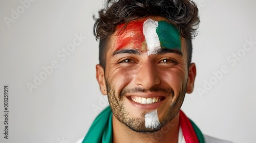 Patriotic Soccer Fan with Painted Italy National Flag on Face Celebrating Joyfully in Studio Portrait
