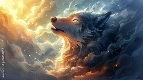 The image shows a majestic wolf howling at the sky. The wolf is surrounded by clouds and has a radiant glow around it.