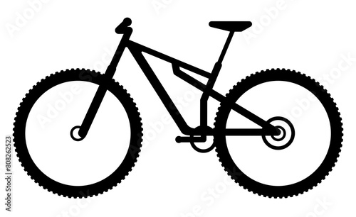 Mountain bike silhouette. Sport bike logo for bicycle workshop. Mountain bike with shock absorbers and studded tires for cross-country riding. Bicycle race.