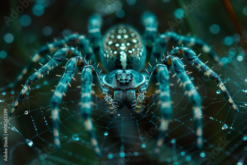 A spider spinning a web that glows with electric blues and greens, each strand vibrating with energy,