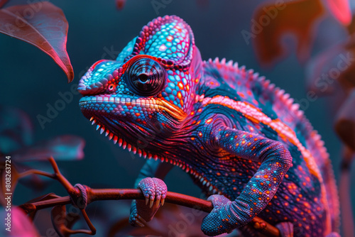 A chameleon on a branch, its skin changing through a dazzling array of geometric shapes and intense colors,