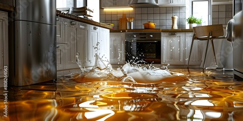 Flooded Kitchen Floor Due to Water Leak Requires Property Insurance Claim. Concept Property Insurance, Water Damage, Kitchen Flooding, Claims Process, Home Maintenance