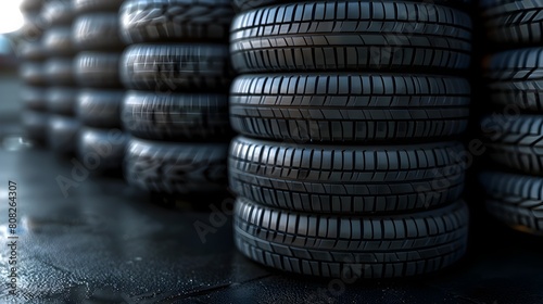 Automotive Maintenance Concept: Close-Up Tire Stack at Repair Service