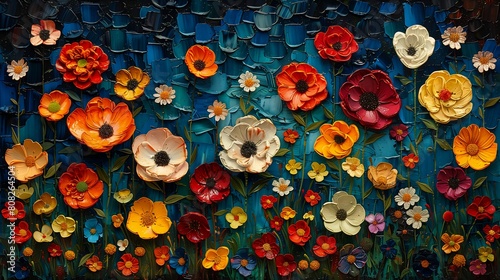 brightly colored flowers displayed blue wall plasticine impasto lots embers painted bright palette