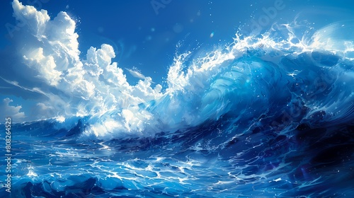 large wave coming ocean blue sky white liquid deep type light running down walls twisted waterway foam ashore