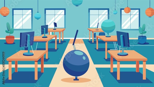 A designated space with standing desks and balance balls for students who have trouble sitting still for long periods of time.. Vector illustration