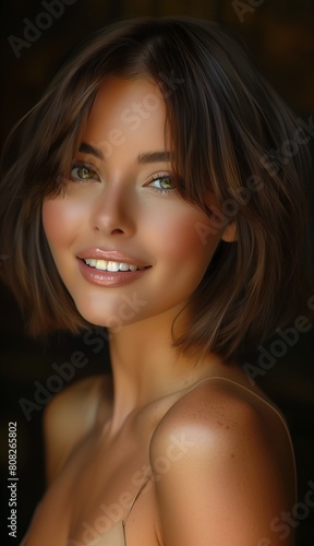 closeup woman city smile face short hair bangs girl portrait sweet bunny shadowed charmed alluring look