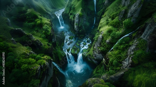 view waterfall green valley middle wide aerial ratio young placed forest icelandic landscape overgrown greenery