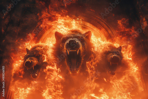 A cerberus with three heads, each a different shade of deep, glowing embers, guarding the gates of a spectral underworld,