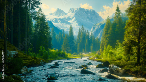 A flowing river among the forest with visible mountains.