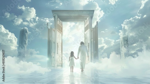 Jesus is holding the hand of his little girl and walking towards white gates with golden details in heaven with sky, clouds background