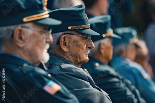 Group of elderly veterans, including a Caucasian and African American, sitting and attending a memorial service. Wearing different military uniforms, displaying medals. memorial day concept