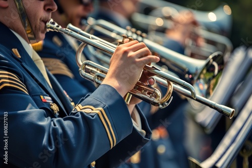 A military band in uniform performing patriotic tunes during a public ceremony, with a focus on trumpeters and their precise coordination.