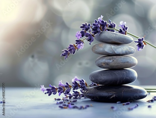 A serene spa still life composition features a stack of smooth stones delicately balanced alongside sprigs of lavender. This tranquil arrangement invites relaxation and rejuvenation