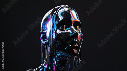 Futuristic woman mannequin made of liquid holographic with dripping melted , Isolated on black background