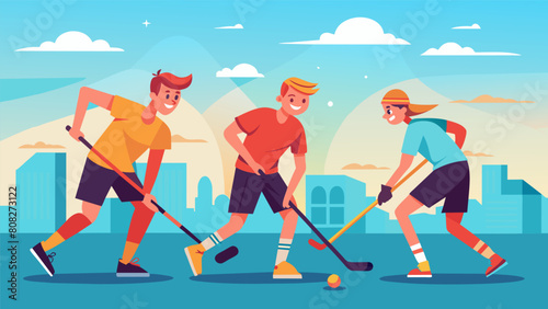 In the midst of a heatwave a group of dedicated street hockey players refuse to let the summer sun stop them from getting their daily game in dripping. Vector illustration