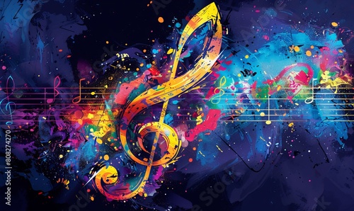 A vibrant and captivating music promotional poster features a prominent G-clef and an array of colorful music notes, set against an artistic abstract background with a music staff.