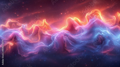  A stunning digital artwork of a majestic mountain range beneath a starlit sky, featuring an enchanting blue-orange gradient on its left side
