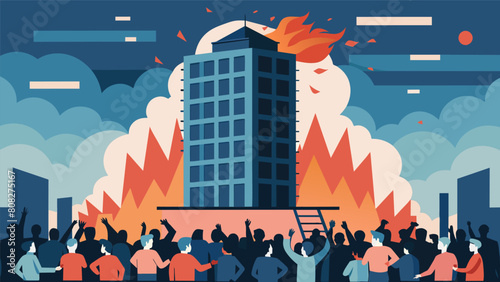 The controlled implosion of a highrise building as crowds watch from a safe distance.. Vector illustration