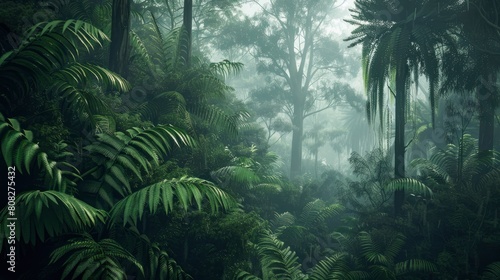 a misty dense green forest with tall tress and lush fern