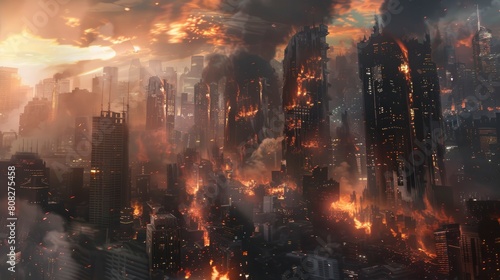 a destroyed city with tall buildings, smoke and fire coming from building