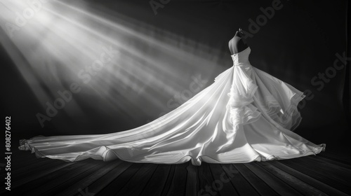 A woman in a wedding dress stands gracefully in front of a bright light