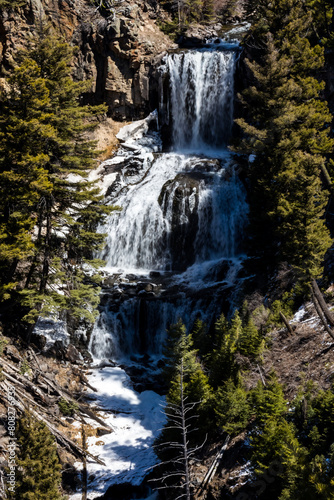 A view of Undine Falls in Yellowstone National Park on a sunny day.