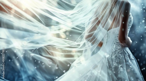 A woman gracefully adorns a white dress and veil