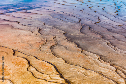 A view of the geothermal ground at the Grand Prismatic Spring in Yellowstone.